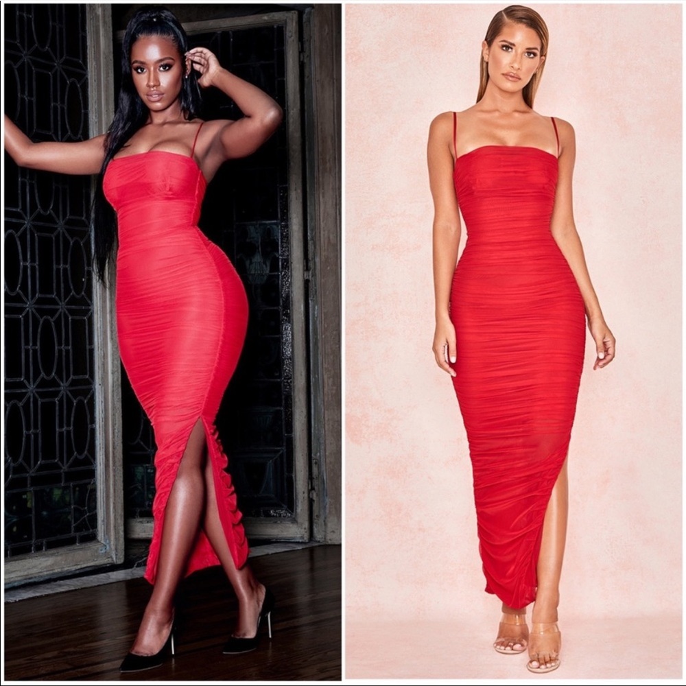 HOUSE OF CB Fornarina Ruched Mesh Dress - Red